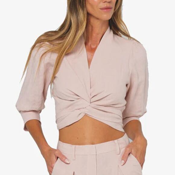 NWT Just Bee Queen Front Tie Puff Sleeve Kali Top Dusty Rose Size: XS - Picture 7 of 7